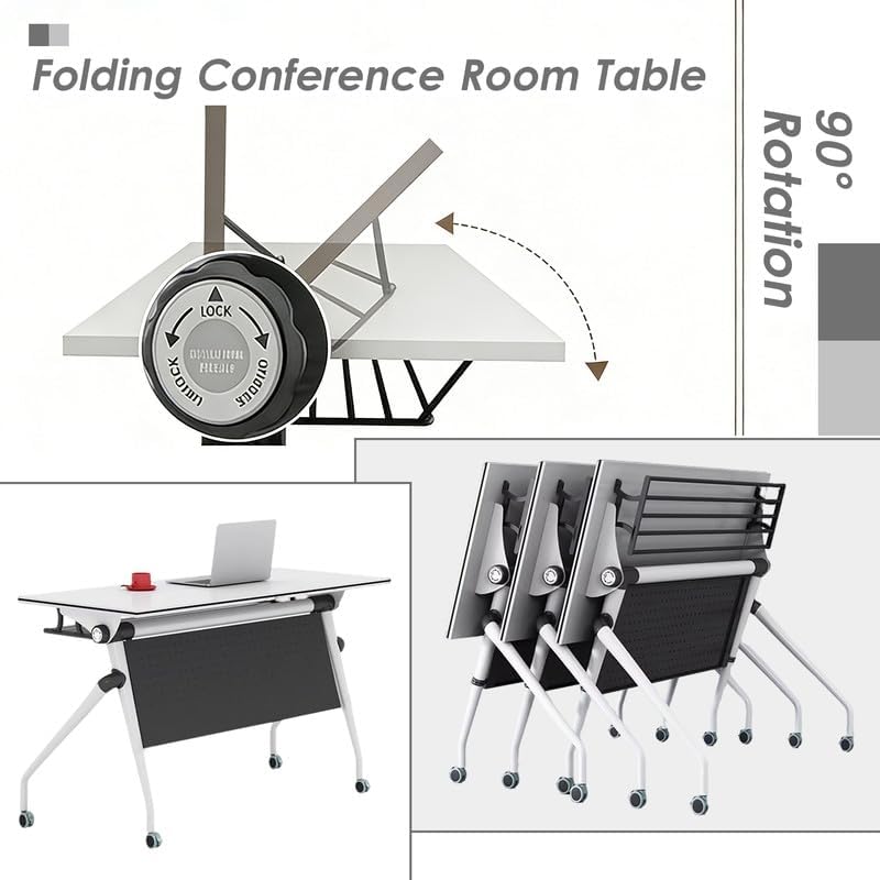 Folding Conference Room Tables Large Rectangle Mobile Seminar Table on Wheels, Flip Top Meetings Training Tables for Office, Conference Room, Classroom