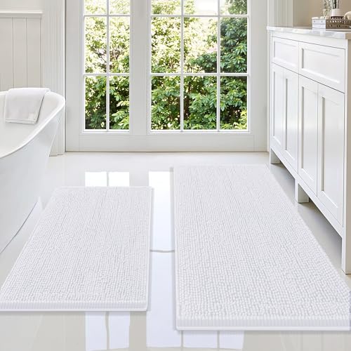 Image of Smiry Bathroom Rugs Sets 2 Piece, Soft Absorbent Chenille Machine Washable Non Slip Shaggy Bath Rug Set for Tub, Shower, and Floor (47x20+30x20, White)