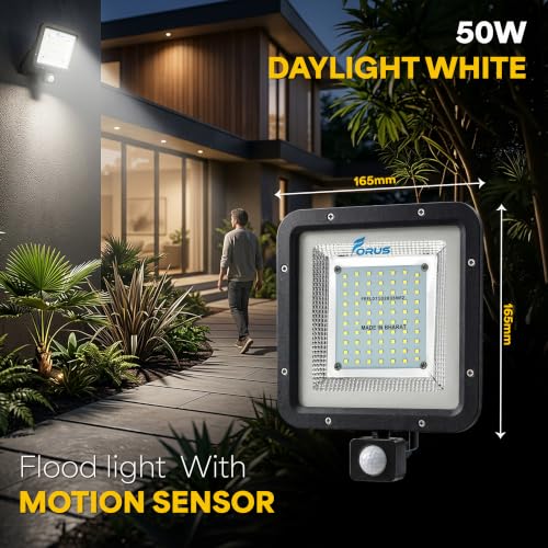 Image of Forus 50W LED Flood Light Daylight White with Motion Sensor Auto On Off Day Night Mode Waterproof Outdoor Security Light for Garden Parking Garage Factory Shop High Bright Floodlight 4Yr Warranty-1Pc