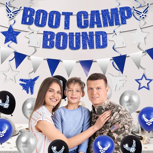 Image of Holkcog Air Force Party Decorations, Blue Boot Camp Bound Themed Birthday Banner, Farewell Party Welcome Ceremony, Fighter aircraft Cupcake Decoration, Jet Aircraft Plane Airplane Military Cake Topper