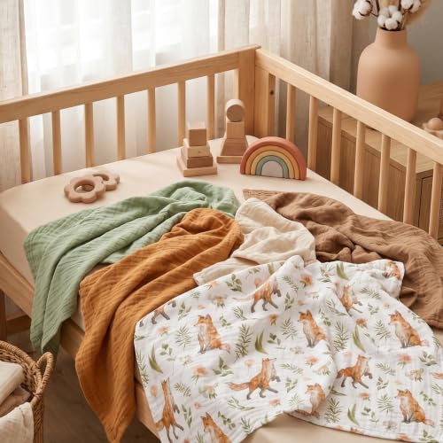 Image of Muslin Receiving Blankets, Neutral Blanket Swaddling for Newborn Boys and Girls, 5 Pack Breathable and Skin-Friendly Swaddle Wrap for Infant Baby (Forest Fox)