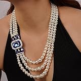Aimimier 1920s 3-Strand White Faux Pearl Necklace and Earrings Set Royal Blue Crystal and Rhinestone Chunky Collar Bib Pearl Statement Necklace