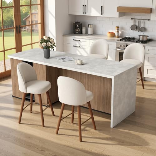 Image of Modern Swivel Bar Stools Set of 2, Chic Upholstered Counter Height(26IN) Bar Chair with Back, Solid Wood Legs and Footrest, Comfortable Chenille Bar Stool for Kitchen Island, Cream White
