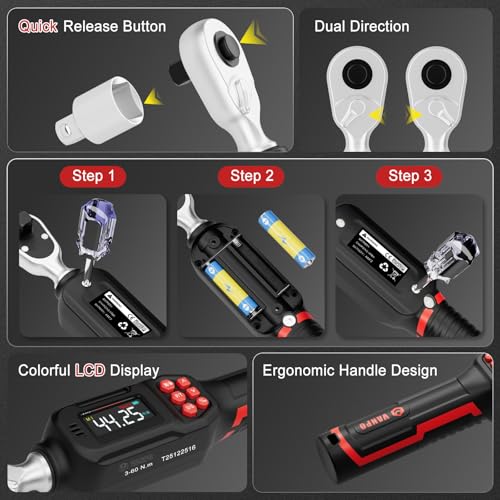 Image of VANPO Digital Torque Wrench 3 /8-Inch Drive, 2.21-44.25 ft-lb for Motorcycle | 3-60 Nm, ±2% Accuracy, Electronic Torque Wrench with LCD Display,Audible & Color Feedback, for Bike, Car & Mechanical Repair