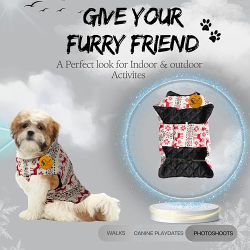 Image of Sage Square Winter Coloured Dog Coat - All-Weather Protection, Windproof, Waterproof Cozy Fleece Lining, Adjustable Straps, Durable Construction, Stylish, Comfortable, Jacket (Red Dear Print, Small)