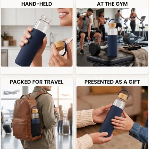 Image of Giftana Personalized Borosilicate Glass Water Bottle 500ml with Glass Sipper Tumbler 450ml, Reusable Leakproof Drinking Bottle with Silicone Sleeve, Eco-Friendly Bottle for Office Gym Travel (Blue)