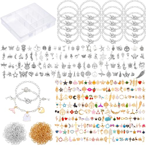 Riceshoot 321 Pcs Charm Bracelet Making Kit Bracelet Chains with OT Toggle Clasp Gold Enamel Pendants Mixed Tibetan Silver Plastic Storage Box and Open Jump Rings for Women DIY Jewelry Making