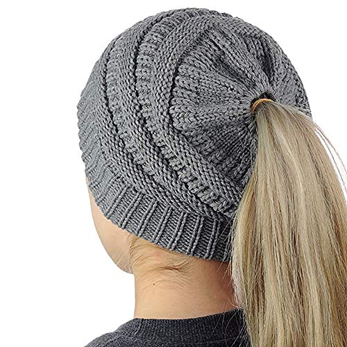 Uworth Mujer Sombreros Gorro Mujer Invierno Coleta Gorro de Punto y el Agujero Beanie Gorro (Gris)