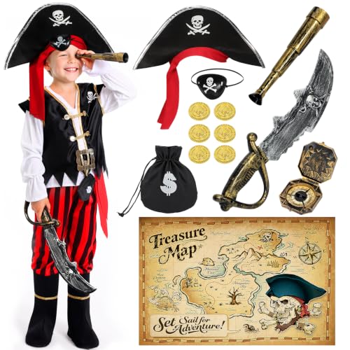 Boys pirate Halloween costume set with shirt vest pants boot covers hat spyglass compass and accessories