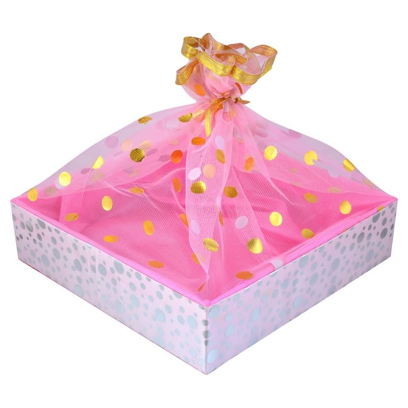 LINE ‘N’ CURVES Decorative Gift Packing Basket with Colorful Net Cover – Ideal for Rakhi, Christmas, New Year, Diwali, Wedding & Special Occasion Gifts – Medium (10x10x3 Inches, Pink, Pack of 2)