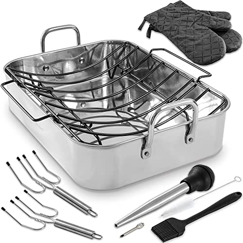 Kaiihome Torrefazione con griglia antiaderente: 40,6 cm in acciaio inox rettangolare con griglia antiaderente a forma di U, Turchia Baster per festa di Natale del Ringraziamento - Set di 7