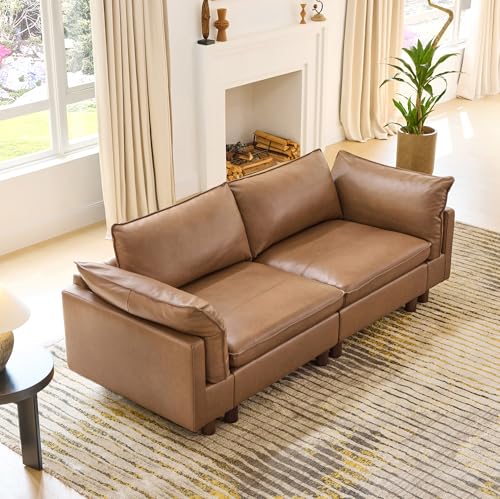 Image of CHITA 92 inch Super Large Sectional Couches for Living Room, Modular Cloud Couch Sectional Sofa, Premium Genuine Leather Sofa, Down Filled, High Density Foam, Real Leather in Saddle, 2 Seater Loveseat