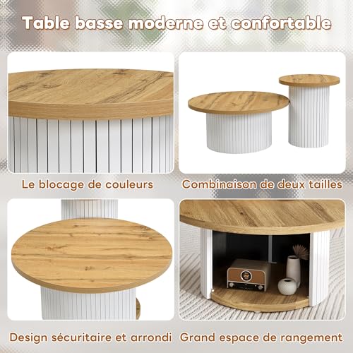 Merax Couchtisch Set, 75x75x50+45x45*35cm, doppelter runder Wohnzimmertisch mit Beistelltisch, mit Naturholzoptik, skandinavischer Stil, moderner Sofatisch für Wohnzimmer, Natur – Bild 4