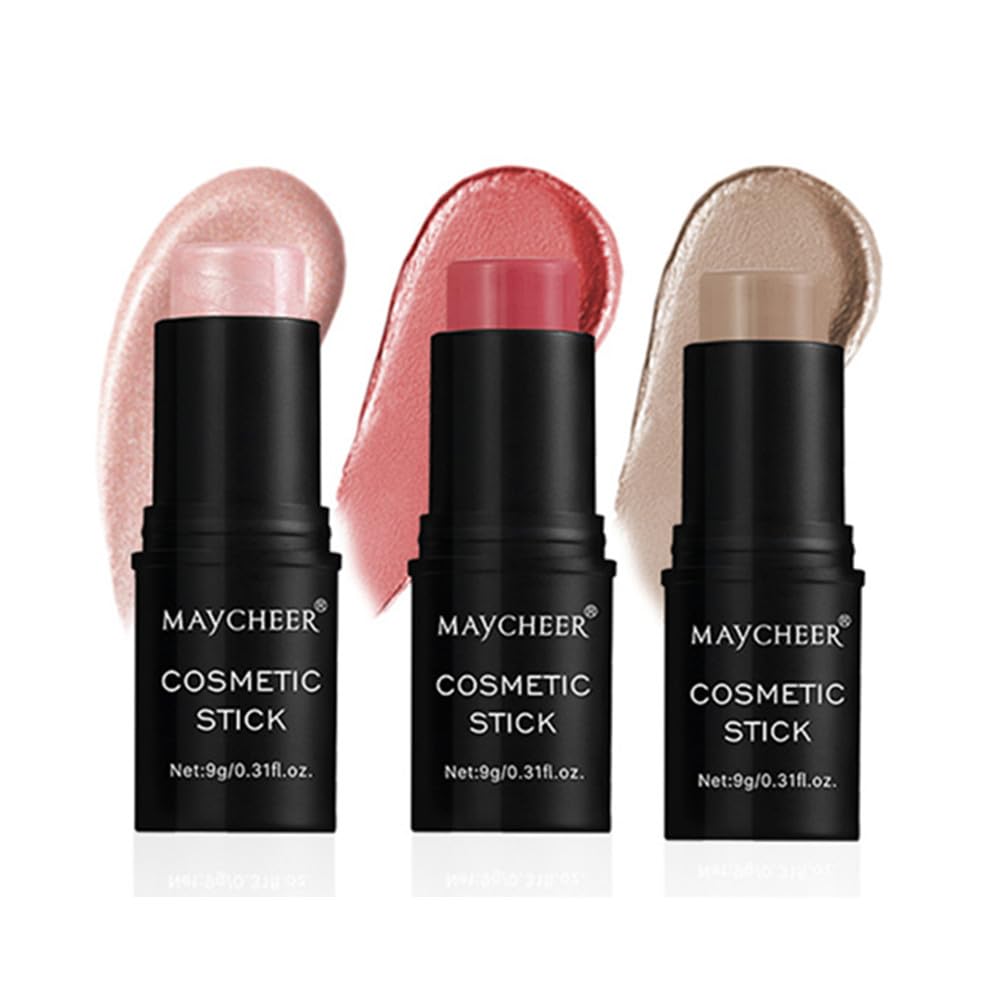 LAMUSELAND Cream Contour Stick Makeup Set, 3 Shades Face Blush Bronzer Contour Pen, Waterproof Long-lasting Matte Highlighter Stick for Fair Dark Skin