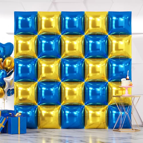 NISOCY 25PCS Blue Gold Square Foil Balloons Wall Backdrop Double