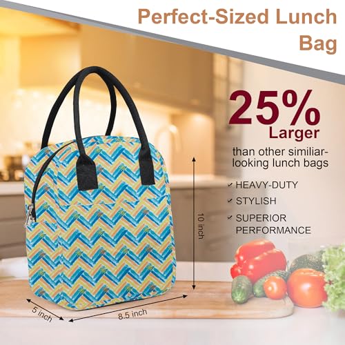 Image of Insulated Lunch Bag for Men and Women - Hot and Cold Travel Tiffin Carrier with Bottle Holder - Spacious Lunch Tote with Handle for Office, School, Picnic (Yellow Wave)