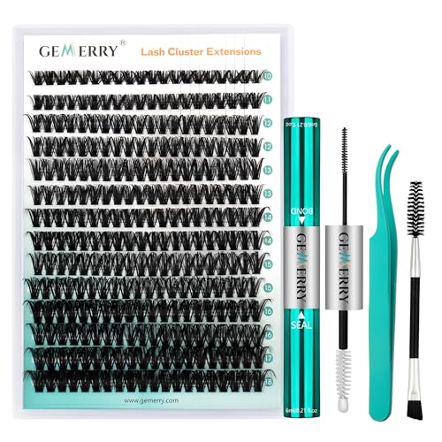 GEMERRY Lash Extension Kit 280Pcs Lash Clusters DIY Individual Eyelash Extension Kit D Curl Volume Cluster Lashes Wispy with Lash Bond and Seal and Lash Tweezers (60D-0.07D,10-18MIX-KIT)