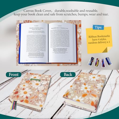 QRZIQRZ Daisy Adjustable Book Cover Protector for Hardcover,Reusable Soft Canvas Fabric Book Covers for Paperback Book Lovers Gift,Double Side Print Book Cover Hardback with Bookmark - Thumbnail 6