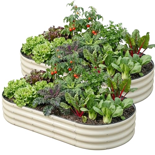 Image of SnugNiture 2 Pcs 6x3x1ft Oval Metal Raised Garden Bed for Vegetables, White | Protective rubber edging strips thickened corrugated galvanized steel