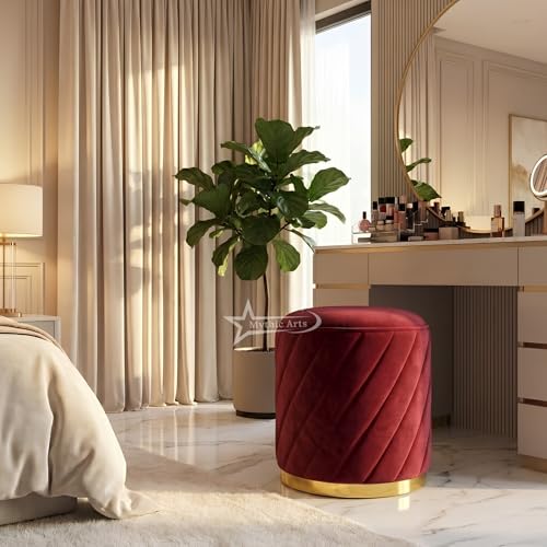 Image of Ottoman Stool, Puffy Stool, Sitting Stool, Modern Upholstered Round Ottoman, Dressing Table for Living-Maroon