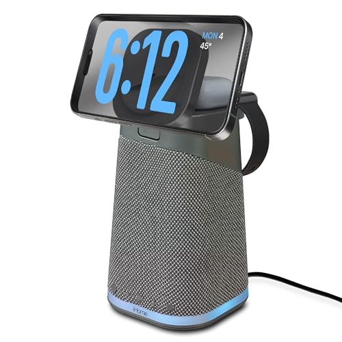 iHome Wireless Charging Station with Apple Watch Charger, Airpods Charger, Bluetooth Speaker, and Color Changing Night Light – Dark Grey (iPBT70DG)