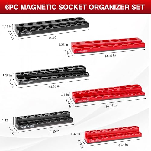Image of TOOLEAGUE 6Pcs Magnetic Socket Organizer Set,1 /4 inch, 3 /8 inch, 1 /2 inch Hold 143 Pcs | Strong Magnets, Clear Sockets Size Markings, Red Metric & Black SAE Magnetic Socket Trays (Black, Red)