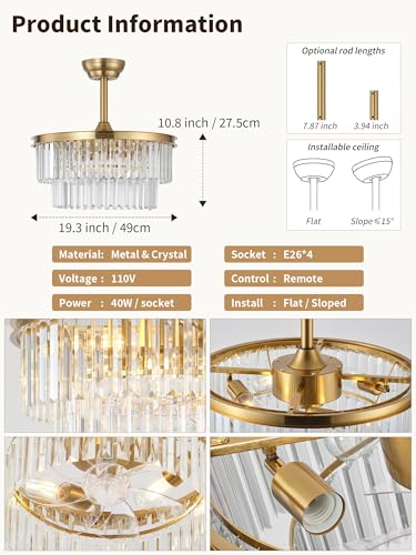 Image of 20 inch Brass Crystal Fandelier Ceiling Fans with Lights, Caged Brass Crystal Chandelier Ceiling Fan with Light Remote Control with 6 Speeds for Bedroom, Nursery, Living Room