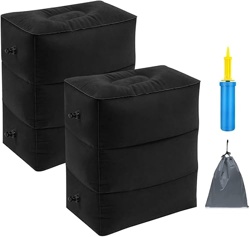 Almohada de viaje para reposapiés, inflable portátil con bomba de mano doble, almohada ajustable de tres capas de altura para reposapiés en aviones,