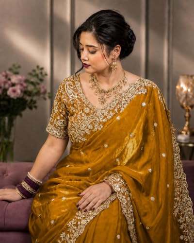 Image of DESTY Saree with Intricate Gold Embroidered Border & Designer Blouse