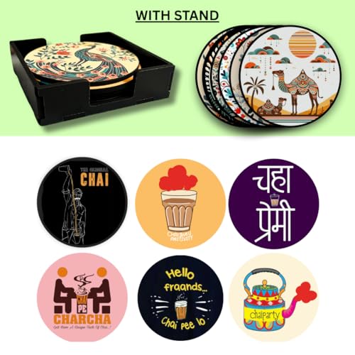 Image of Zesta Coasters for Cups Set of 6 / Wooden Coasters for Bar Accessories for Home /Tea Coaster Set of 6 / Waterproof Dining Table Decor Glass Cover (Chai Lover, Circle)