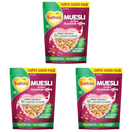 Image of Saffola Muesli 0% Added Sugar Berry Crunch 700 gm | High Protein & High Fibre to help Manage Weight | Muesli with Flavour Pops (Pack of 3)