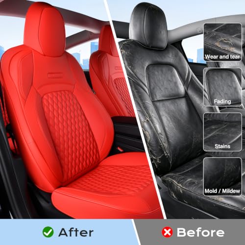 Image of Coverado Front Seat Covers for 2017-2023 Tesla Model 3, Car Seat Covers Front Seats, Front 2PCS Leatherette Car Seat Cover Seat Protector Custom for Tesla Model 3 Red