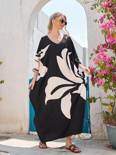 Image of Moss Rose Kaftan Dresses for Women V Neck Summer Swimsuit Cover up Caftan Maxi Beach Dresses