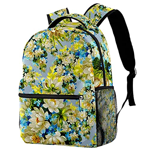 Sac à dos décontracté bleu et jaune avec fleurs peintes à la main