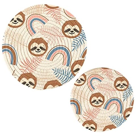 JUMBEAR 2PCS Cotton Rope Pot Holders for Hot Dishes,Cute Sloth Heat Resistant Round Trivets Mat for Kitchen Dining Table Decoration, 7 Inch + 9 Inch Cover