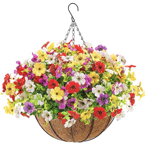 Der Rose Artificial Hanging Flower Basket for Outdoors Fake Hanging Flowers Plants with 4 Faux Silk Trailing Vines for Porch Patio Balcony Spring Decor