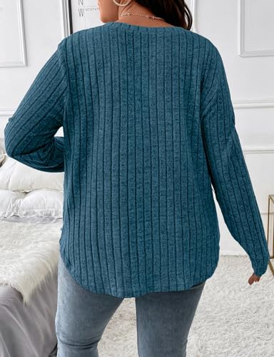 Image of Koscacy Women Plus Size Casual Knit Sweater V Neck Solid Color Tops Lightweight Long Sleeve Blouses