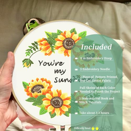 FONNUY Embroidery Kit for Beginners?Plants Flowers Pre-Stamped Pattern Kits for Adults with Hoop (You're My Sunshine)