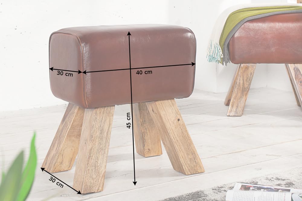 invicta INTERIOR Kult Sitzhocker TURNBOCK mit Echtleder Bezug Mangoholz Schulsport Hocker Natur 40cm Fußhocker aus Holz mit Lederbezug