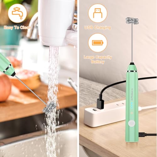 Image of Philorn Milk Frother Wand Handheld Rechargeable Electric Whisk Coffee Drink Mixer, Mini Foamer for Lattes, Cappuccino, Frappe, Matcha, Hot Chocolate, Protein Powder, Keto Diet (Green 2 Heads)