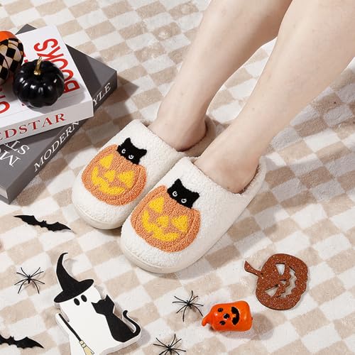 Pumpkin Slippers Halloween Slippers for Women Men House Shoes Spooky Slides Soft Warm Plush Couple Shoes Pumpkin/B4-37-382