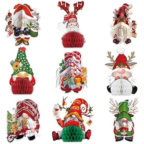 9 Pack Christmas Party Honeycomb Centerpieces for Xmas Table Decorations, Christmas Center Pieces Table Topper Signs with Gnome Milu deer Santa Holidays Centerpieces for Christmas Party Supplies Cover