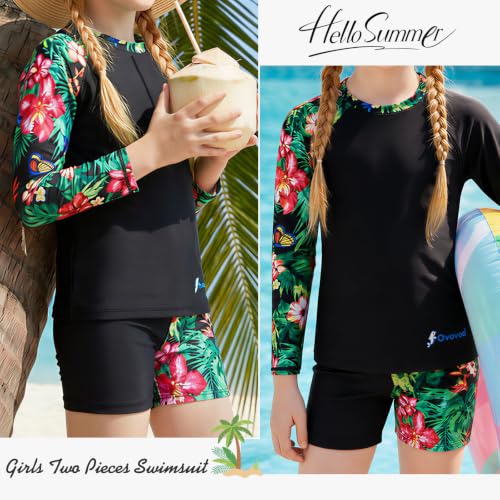 Image of Girls Swimsuit Two Piece Rash Guard Set for 4-14 Years UPF 50+ UV Protective Long Sleeve Swimwear