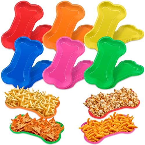 Dog Bone Party Serving Trays 11x6.7x1.2 Inch Colorful Bone Shape Paper Plates Funny Disposable Snack Trays for Burger Fries Birthday Holiday Puppy Theme Party Decoration Supplies (24)
