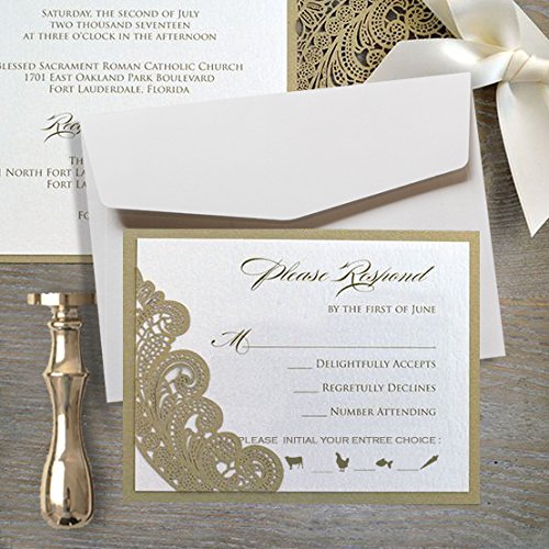 Picky Bride 1PCS Wedding Invitation Sample 5 x 7 inch Lasercut, Lace Gold Wedding Invitations with Envelopes for Wedding Party, Bridal Shower, Anniversary