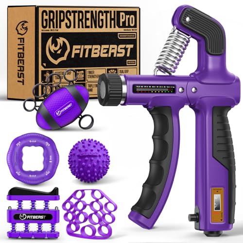 FitBeast - Entrenador de fuerza de agarre, kit de fortalecedor de agarre de mano, paquete de 6 con fortalecedor de resistencia ajustable, ejercitador de antebrazo y bolas de masaje para terapia de