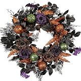 Pudate 22 Inch Halloween Wreath for Front Door, Spooky Black & Purple Glitter Rose Wreath with Bats & Ornaments, Outdoor Halloween Decorations