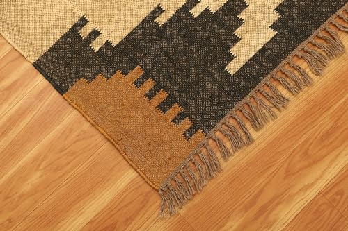 Tapis Kilim carré réversible en laine beige et marron - 7