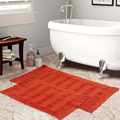 Rusty Orange Bath Rug Set Of 2 100% Cotton 1(17X24)+1(21X34) Super Soft Loop, Tufted Box Design With Double Knotted Fringes Machine Washable Bath Rug For Bathroom, Kitchen, Water Absorbent Fast Dry #TOP3