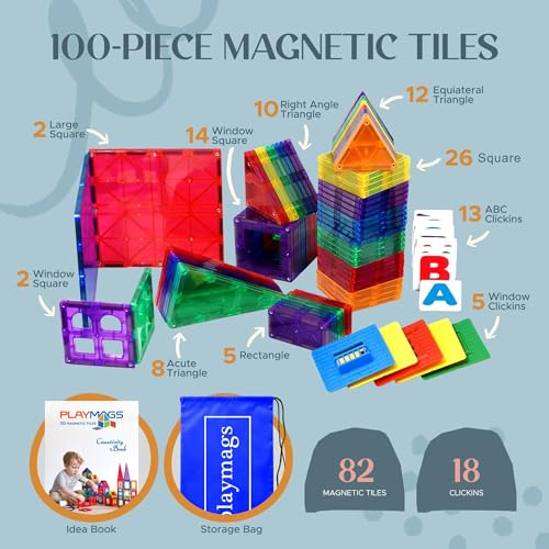 100 Pcs di Costruzioni Magnetiche - Impara Forme,Colori e Alfabeti - STEM Magneti più Forti Giocattoli - Blocchi Magnetici 3D - Resistenti tessere magnetiche bambini - Costruzione Magnetica - Lego - Immagine 1